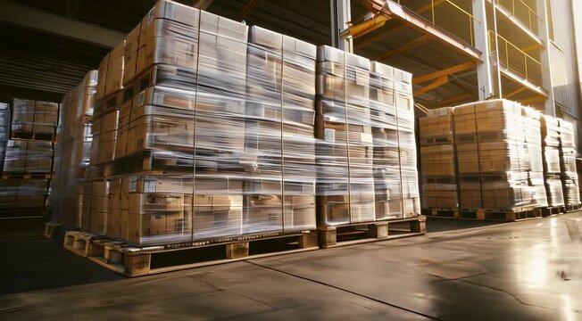Stacked pallets with wrapped cardboard boxes in an industrial warehouse setting, indicating logistics and storage management in a well-organized distribution center.