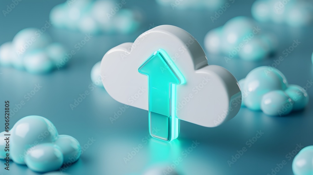 Poster Digital concept of cloud storage and data upload with glowing arrow and cloud icons on a blue background.