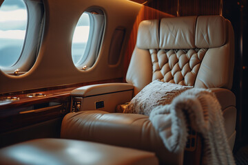 Luxurious private jet interior with premium business class seats for luxury travel