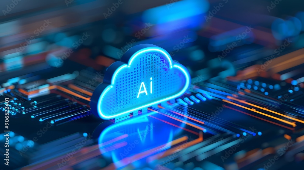 Poster digital representation of artificial intelligence in a neon blue cloud on a circuit board, symbolizi
