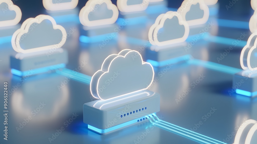 Poster digital representation of cloud computing servers connected through a network, showcasing modern tec