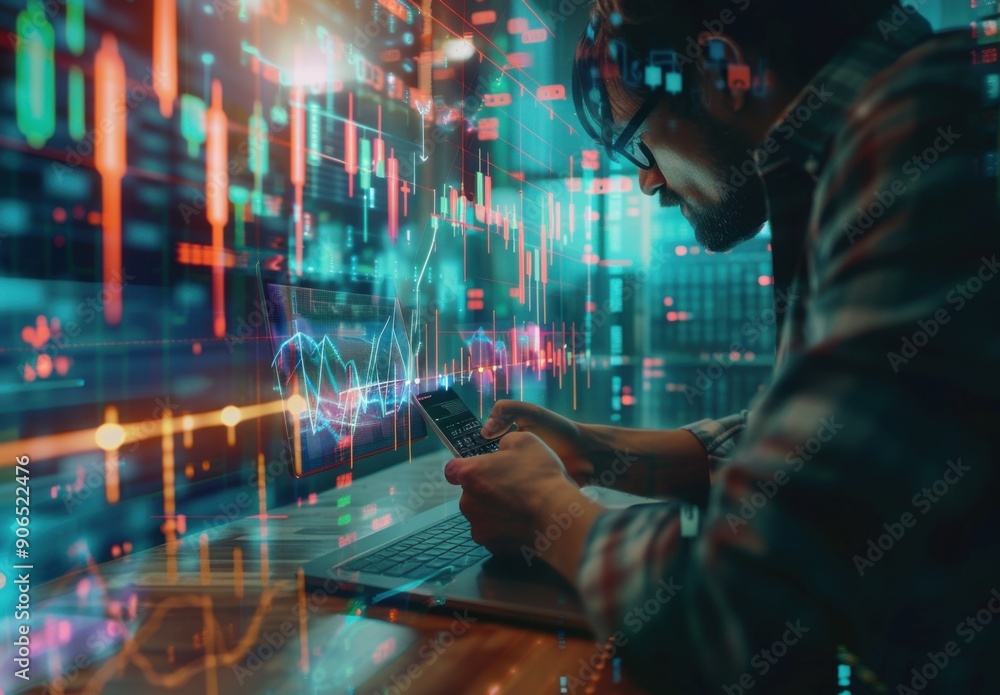 Poster businessman holding his phone with a hologram of a trading chart coming out of the screen while sitt
