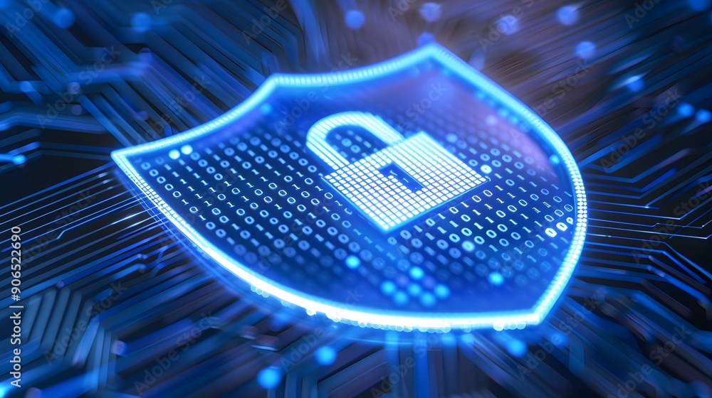 Poster digital security shield with padlock icon symbolizing data protection, cybersecurity, and secure tec
