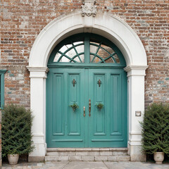a green door in front of a brick building, with two potted plants on either side of the door. The door is framed by a window, and the floor is visible at the bottom of the image.