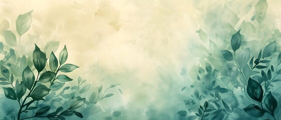 nature-inspired background with delicate, hand-drawn leaves and floral elements in soft watercolor shades of olive green, light brown, and sky blue. soft watercolor nature design, gentle botanical art