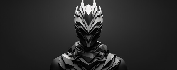 A striking black and silver figure stands in a dramatic pose, embodying mystery and power in a minimalist setting.