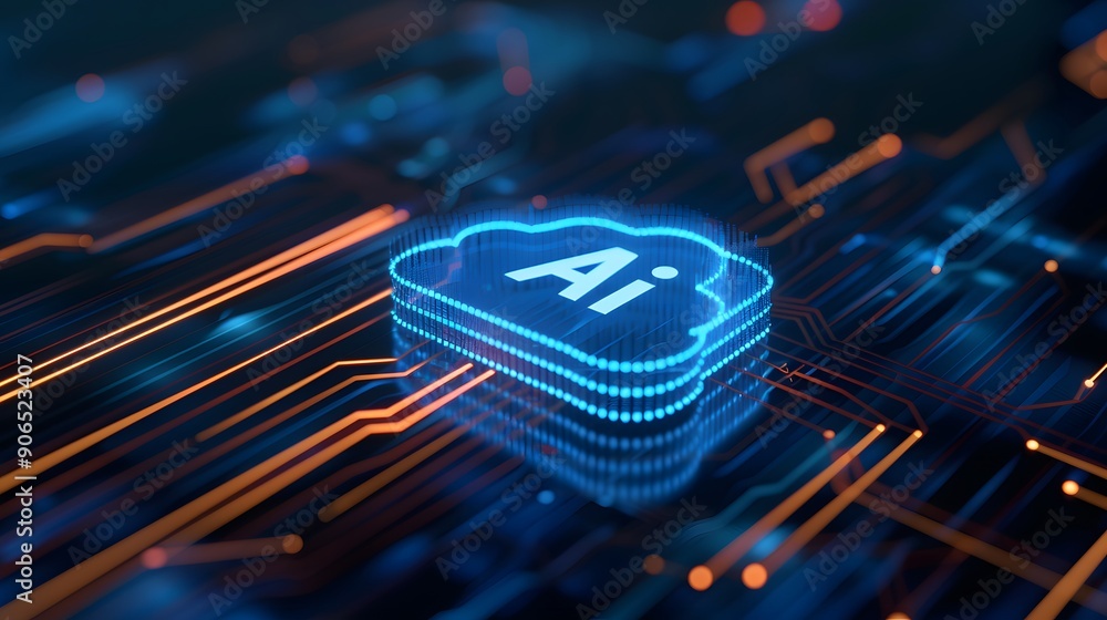 Poster futuristic ai cloud symbol on a glowing circuit board, representing artificial intelligence and adva