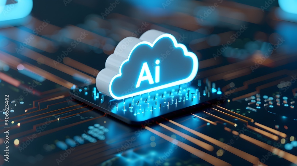 Poster futuristic ai cloud technology concept with a glowing circuit board, representing the integration of