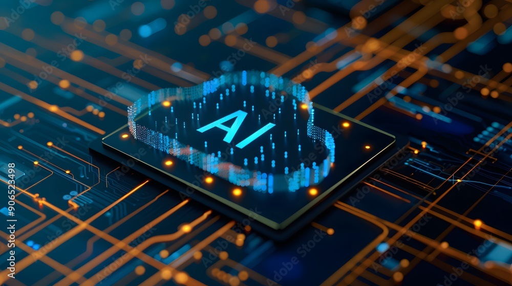 Poster futuristic ai concept showing an artificial intelligence chip on a glowing circuit board. ideal for 