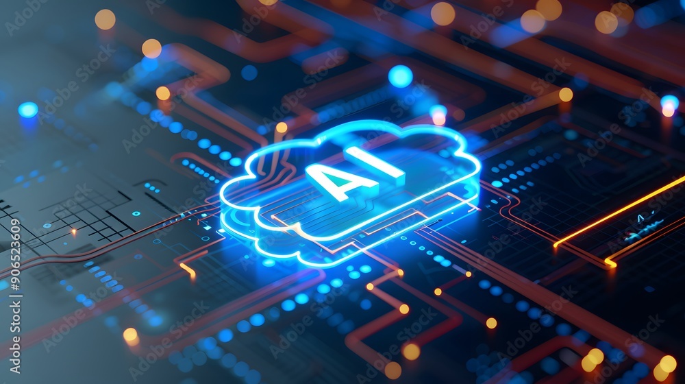 Aufkleber futuristic ai technology concept with glowing circuits and ai cloud symbol on a digital motherboard,