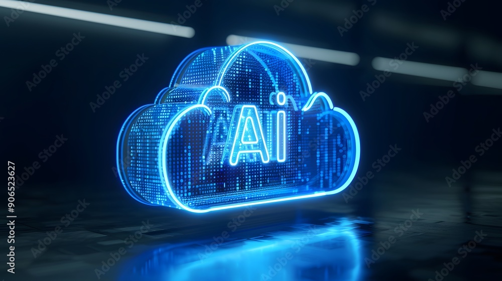 Aufkleber futuristic ai technology concept with neon cloud and artificial intelligence symbol in glowing blue,