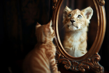 A kitten looks into a mirror and sees the reflection of a lion cub, symbolizing aspirations and...