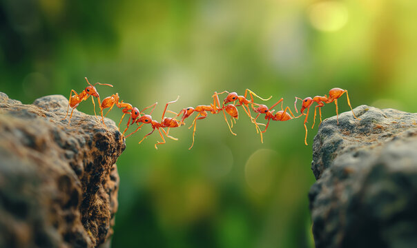 Close-up view of ants creating a bridge between rocky surfaces, showcasing insect teamwork