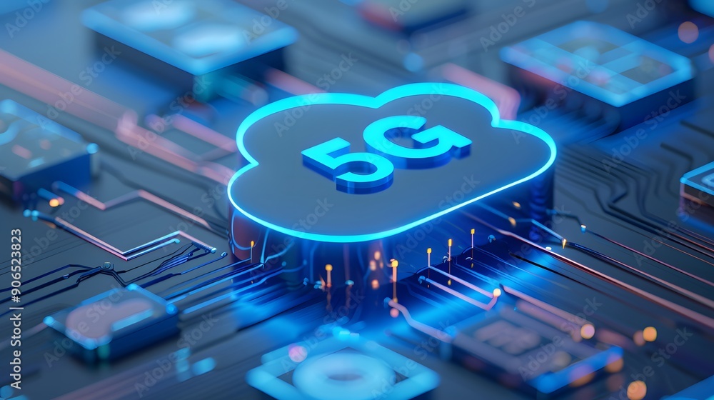 Poster futuristic blue 5g cloud symbol on a microchip circuit board representing advanced technology and hi