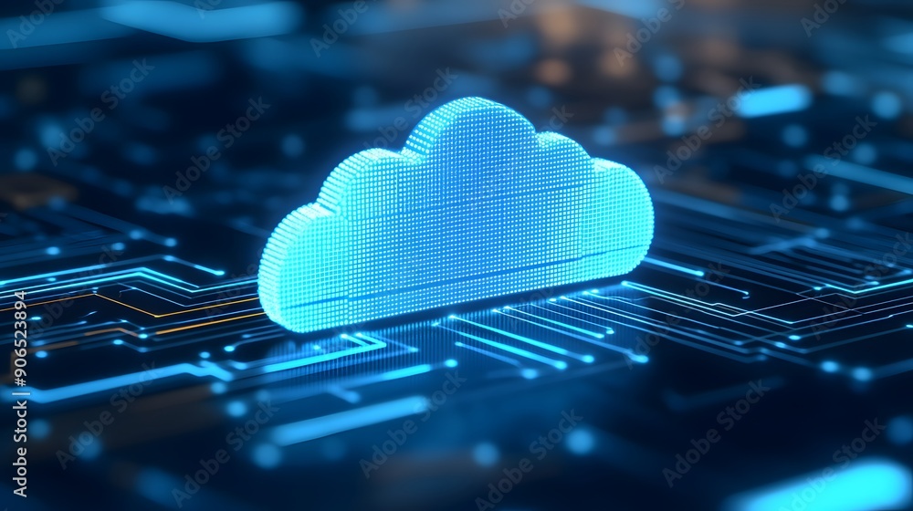 Poster futuristic blue cloud icon representing cloud computing technology and data storage on a digital cir