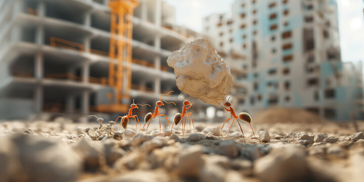 Ants working together to carry a large rock in a construction site, symbolizing teamwork and collective effort