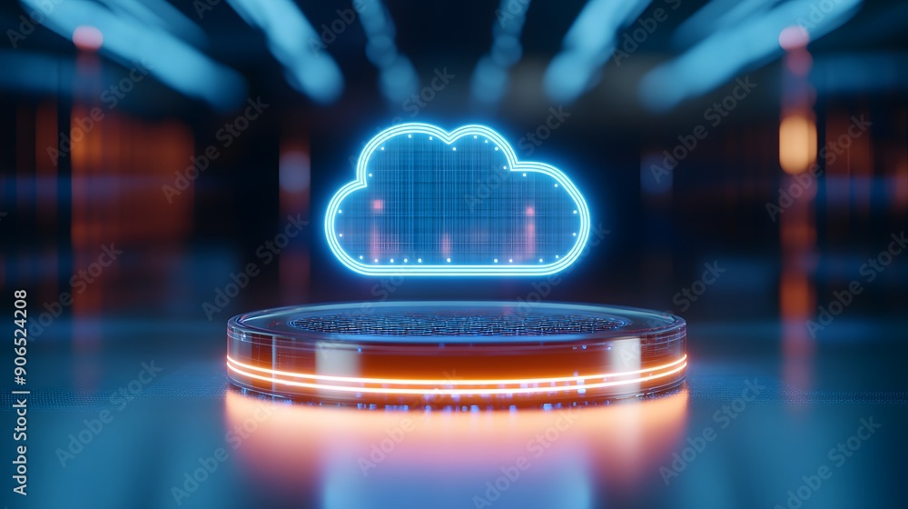 Poster futuristic cloud computing concept with a glowing digital cloud hologram in a data center. technolog