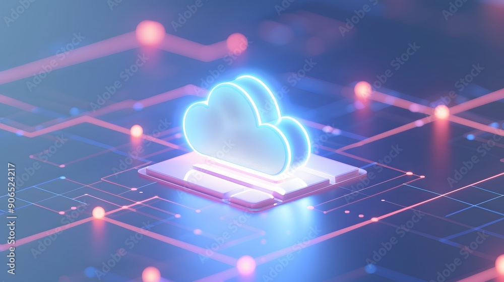 Poster futuristic cloud computing concept with a glowing cloud icon on digital tablet, depicting data stora