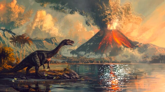  dinosaurs extinct because mountains erupted due to lava or magma video looping stock 4k quality