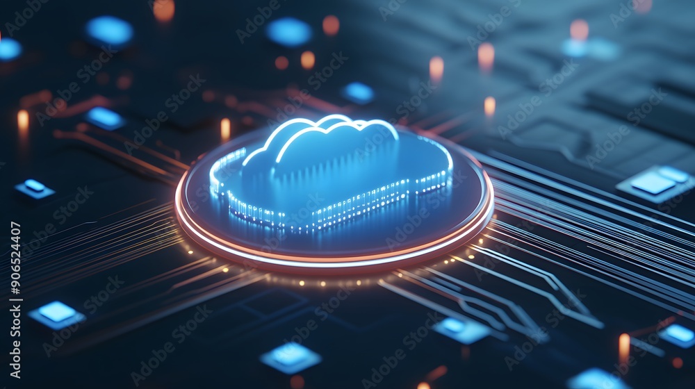 Poster futuristic cloud computing concept with digital cloud symbol on circuit board, representing data sto