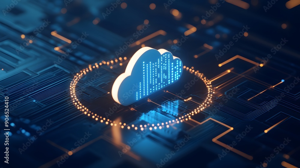 Poster futuristic cloud computing concept with digital cloud icon surrounded by circuit board and glowing l
