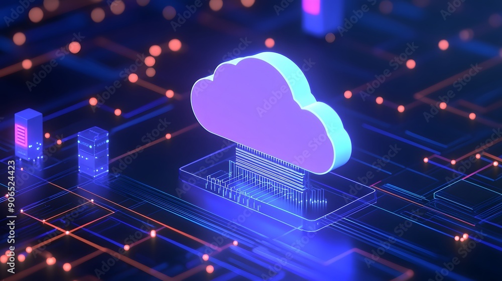 Poster futuristic cloud computing concept with digital connections, showcasing data storage and technology 