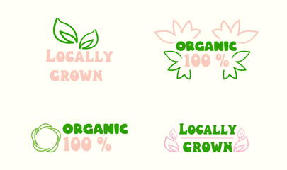 Obraz premium Set of organic, locally grown, 100 percent. Natural product Collection of emblem badges tags packaging Green and Pink cute color elements with hand drawn leafs Vector illustration.