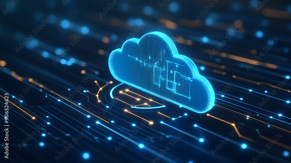 Poster futuristic cloud computing concept with glowing blue cloud icon over a network, representing digital