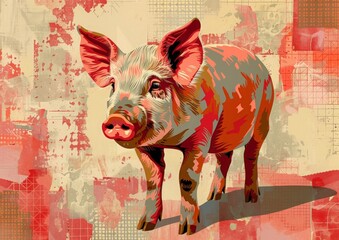 Stylized polygonal portrait of a pig standing on a background of abstract red and beige shapes
