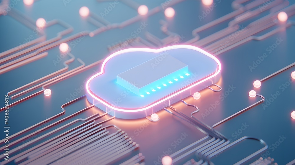 Poster futuristic cloud computing concept with glowing digital cloud icon on a circuit board, representing 