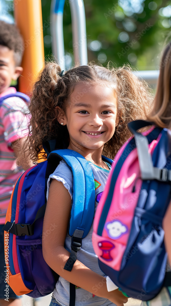 Poster Happy Elementary Students with Backpacks on School Playground  