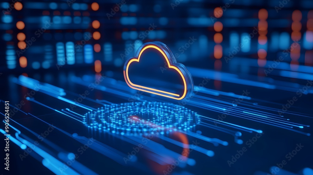 Poster futuristic cloud computing concept with glowing graphics, data transfer, and digital infrastructure 