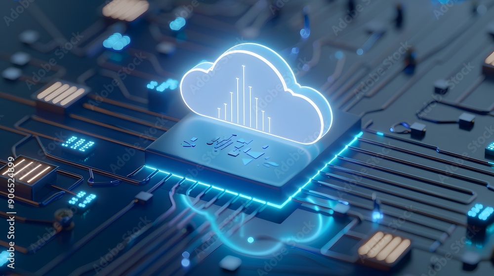 Aufkleber futuristic cloud computing concept with glowing holographic cloud icon over a microchip circuit boar