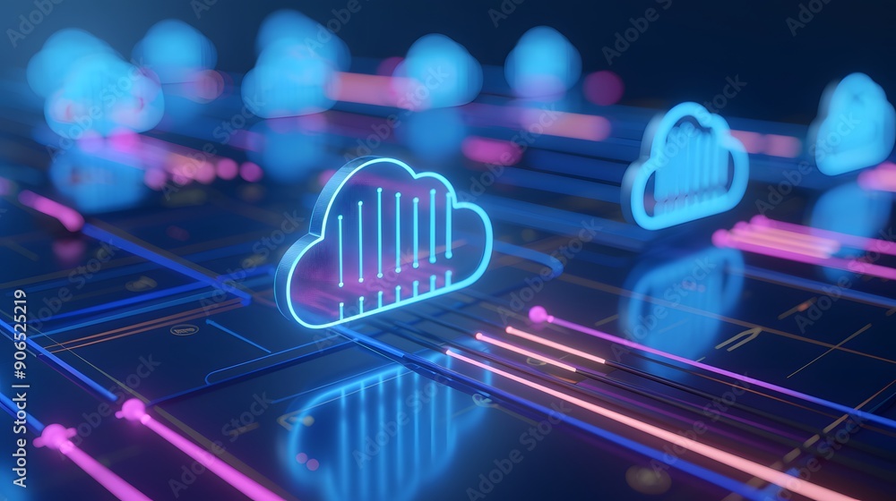 Poster futuristic cloud computing concept with neon blue clouds and data visualization on dark background, 