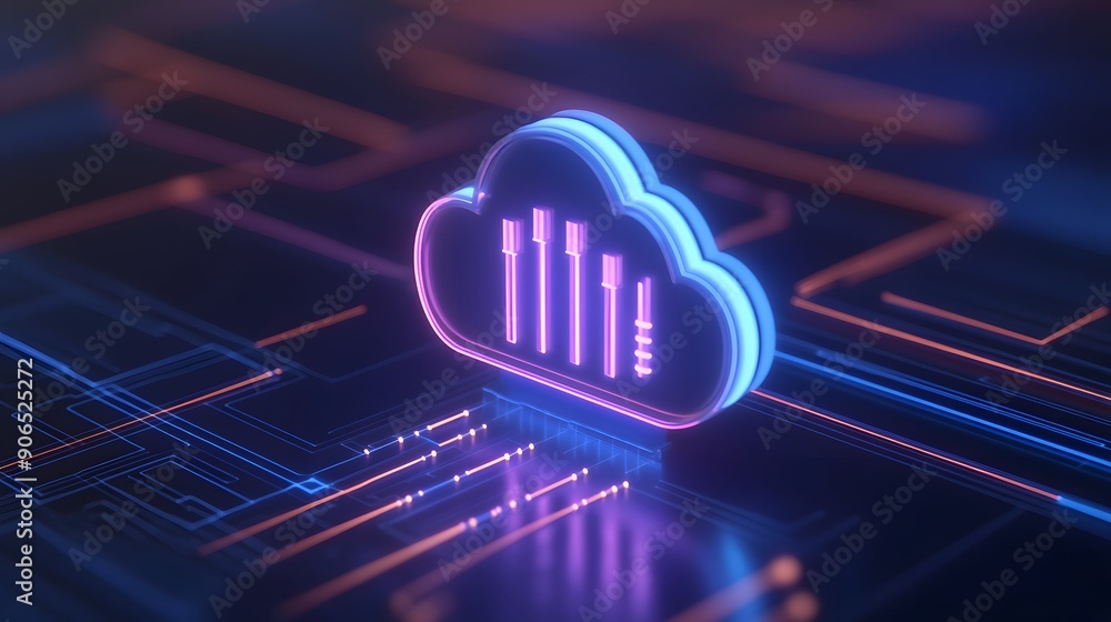 Poster futuristic cloud computing concept with neon lights, representing data storage and technology, suita