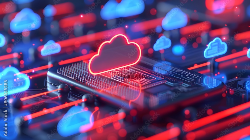 Poster futuristic cloud computing concept with neon cloud icons over a circuit board, symbolizing innovativ