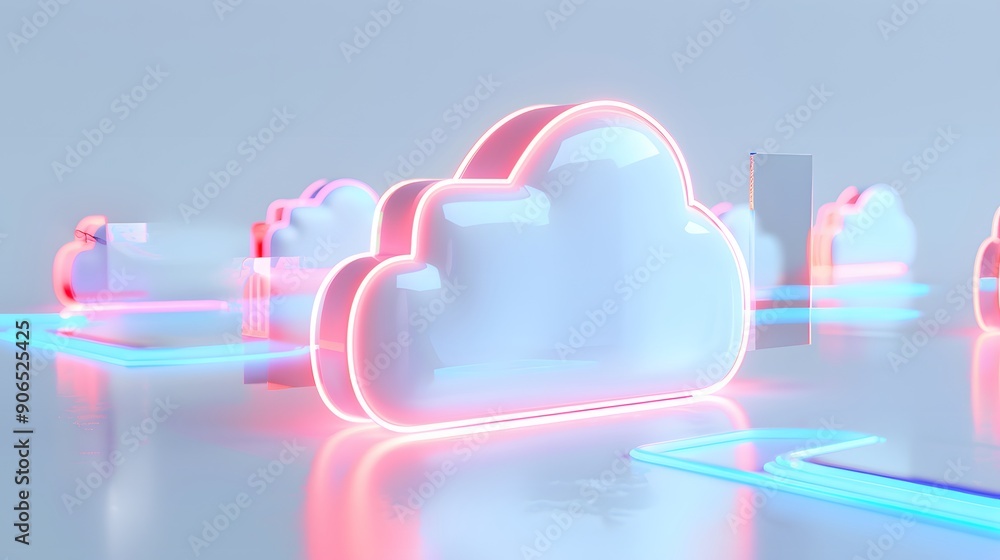 Poster futuristic cloud computing concept with neon lights, symbolizing modern technology, data storage, an