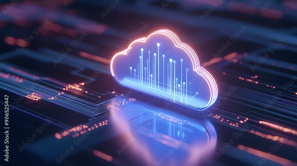 Poster futuristic cloud computing concept with neon lights representing data storage and network technology