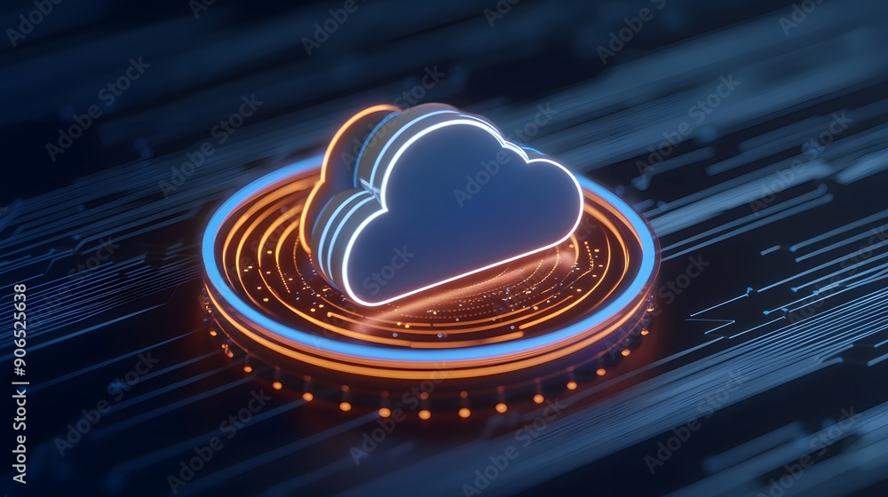 Poster futuristic cloud computing icon with neon light effects, symbolizing innovative technology and data 