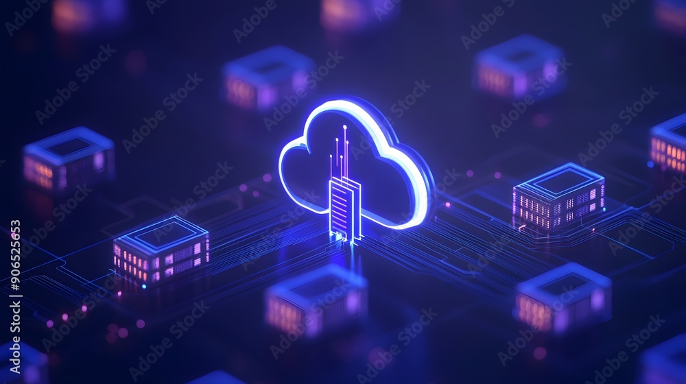 Poster futuristic cloud computing illustration with data and communication network, representing modern tec