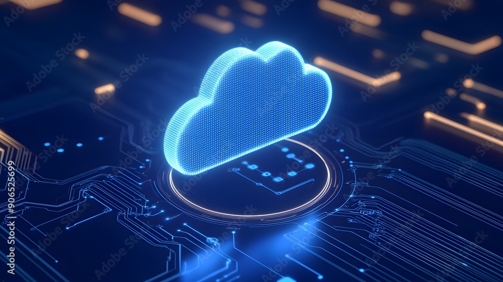 Poster futuristic cloud computing illustration with glowing blue cloud icon and digital circuit board, repr