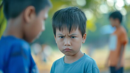 close-up of an angry Asian boy looking at his friend in the park, with blurred background and shallow depth of field. The focus is on their faces showing anger and sadness
