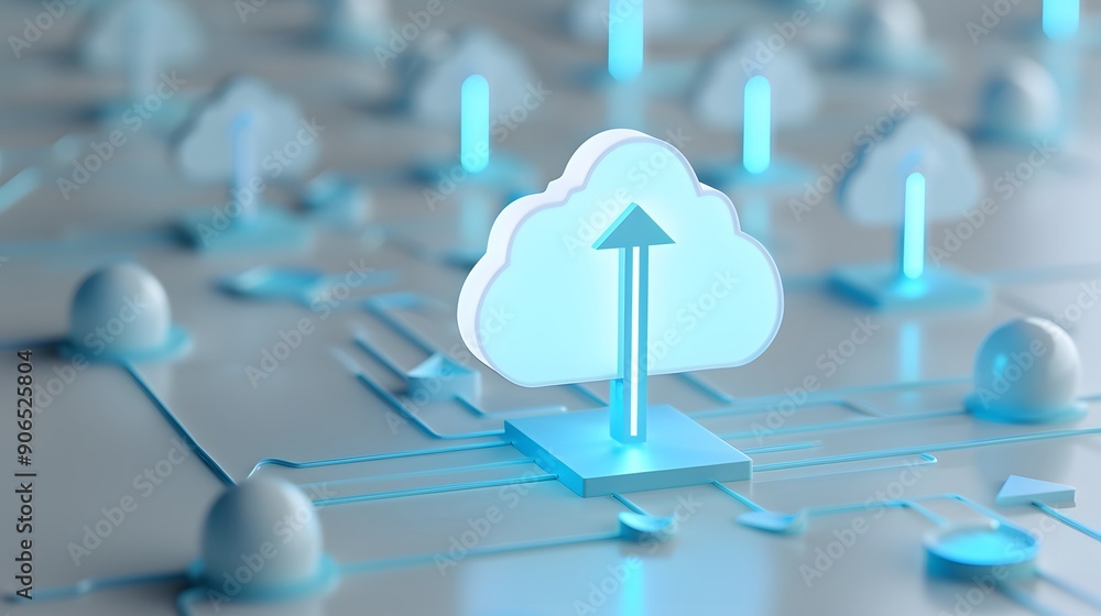 Poster futuristic cloud computing network concept with glowing elements showing data transfer and connectiv