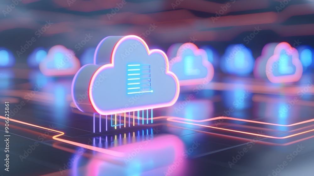 Poster futuristic cloud computing networking technology, abstract digital clouds with neon lights, data sto