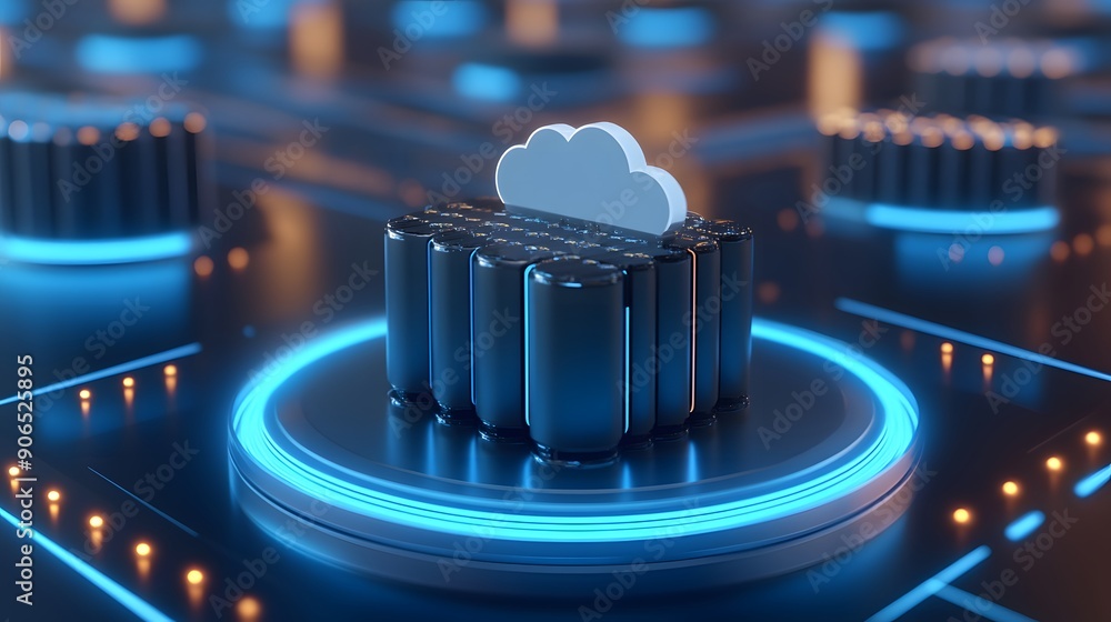 Poster futuristic cloud computing server infrastructure concept with blue neon lights. modern data center a