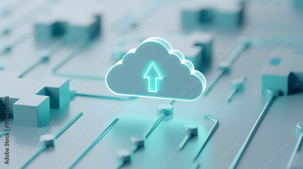 Poster futuristic cloud computing technology concept with a glowing cloud icon on a digital circuit board b