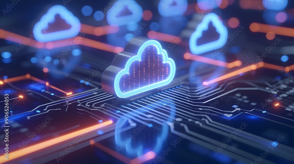 Poster futuristic cloud computing technology concept with digital circuits and neon glowing cloud icons, re