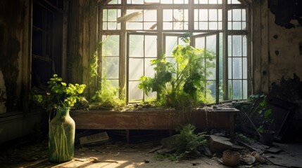 Sunbeams Illuminating a Derelict Room with Greenery