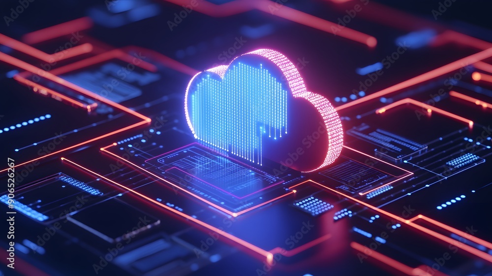 Poster futuristic cloud computing technology concept with neon cloud and circuit board, representing data s