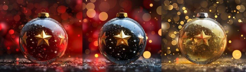 graphics of Christmas balls with stars in red, black, and gold themes